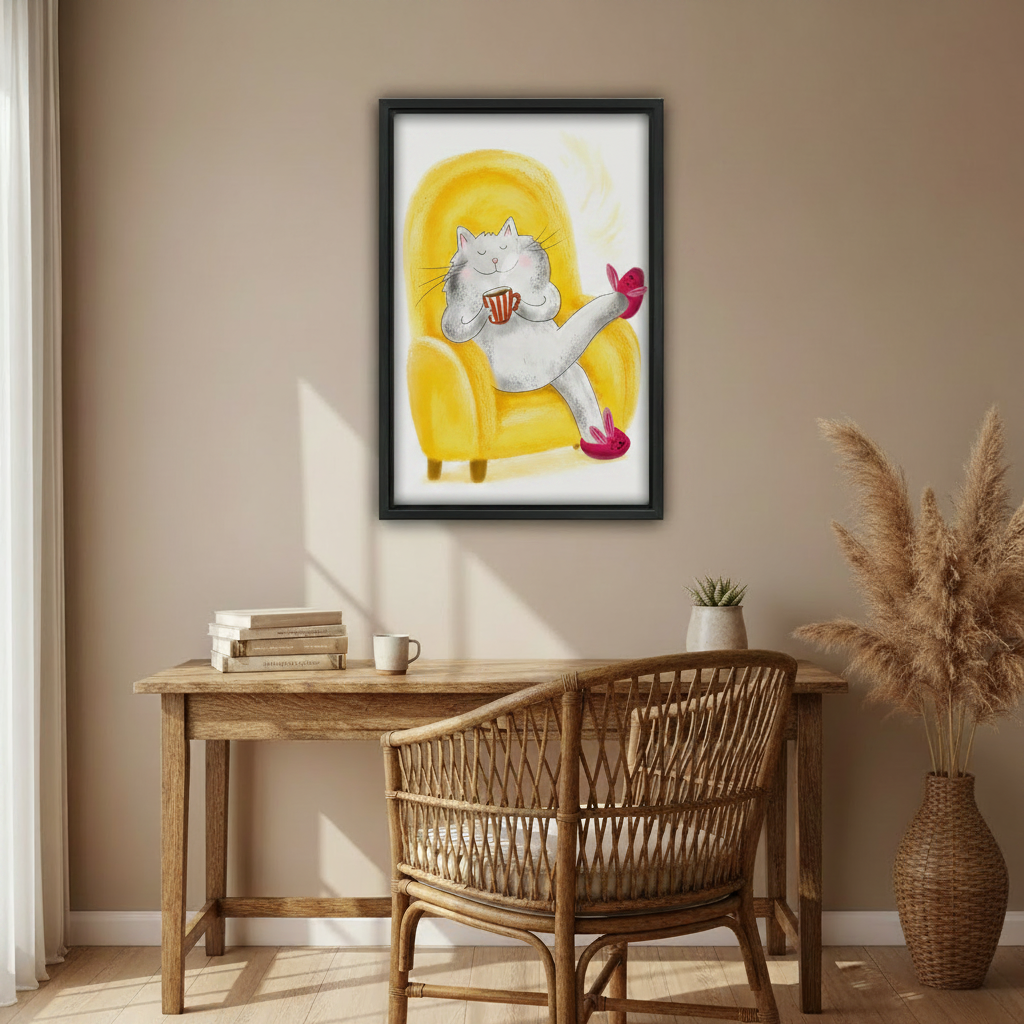 Cute cozy cat coffee yellow armchair canvas wall art print, whimsical cat bedroom or kitchen decor