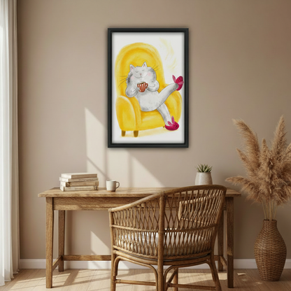 Cute cozy cat coffee yellow armchair canvas wall art print, whimsical cat bedroom or kitchen decor