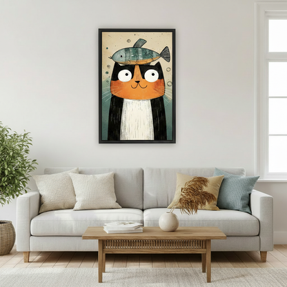 Cute cat with fish wall art in black frame, playful illustration style