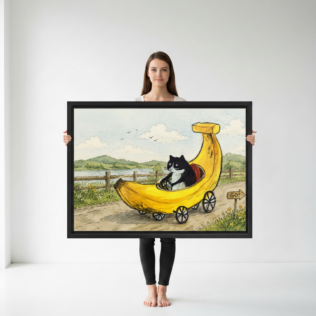 Black and white cat banana car wall art in black frame, living room decor