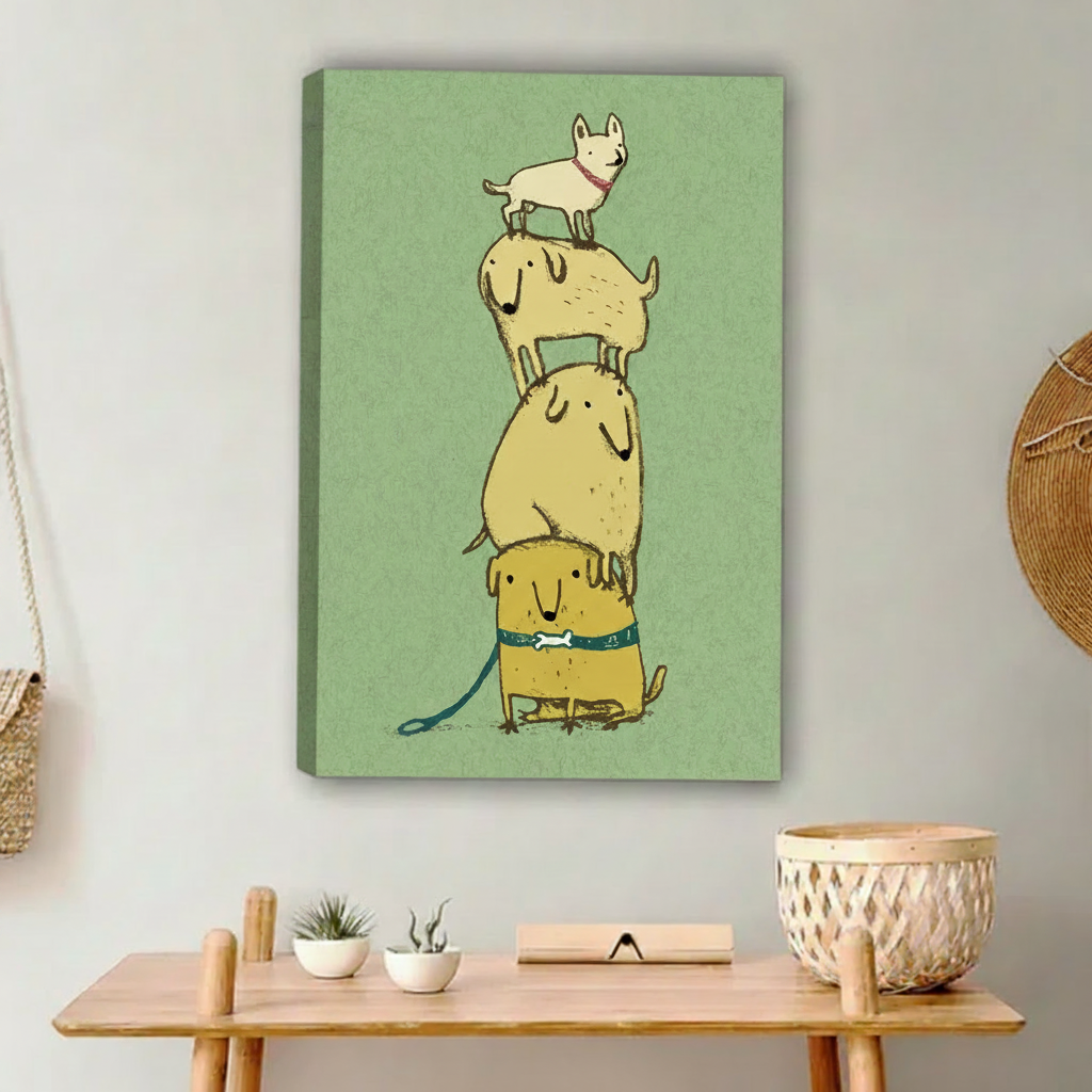 Four dogs balancing tower framed canvas, playful wall decor for dog lovers
