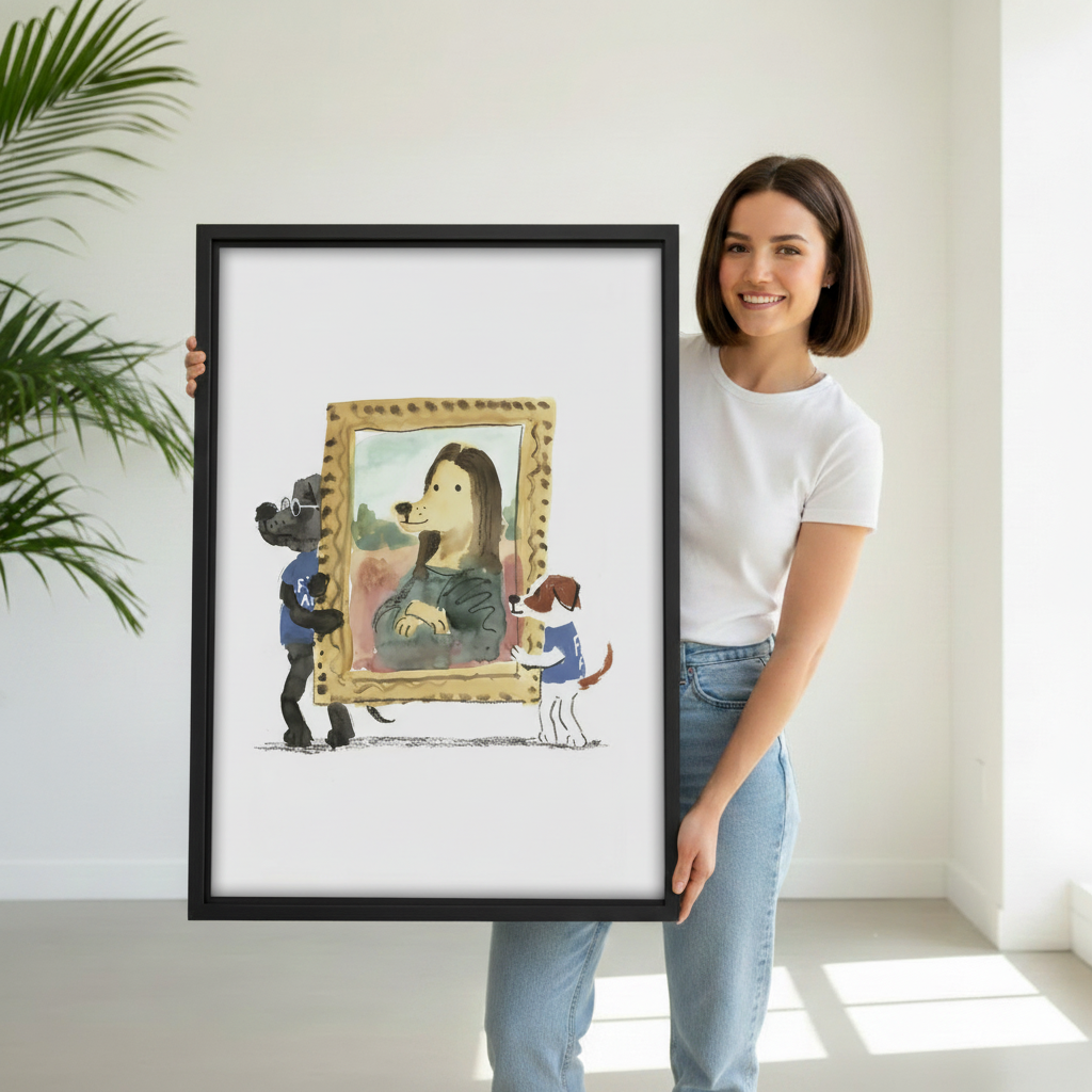 Dog Mona Lisa parody framed canvas hanging in dining room, funny watercolor wall art with two dogs carrying masterpiece, dog lover gift