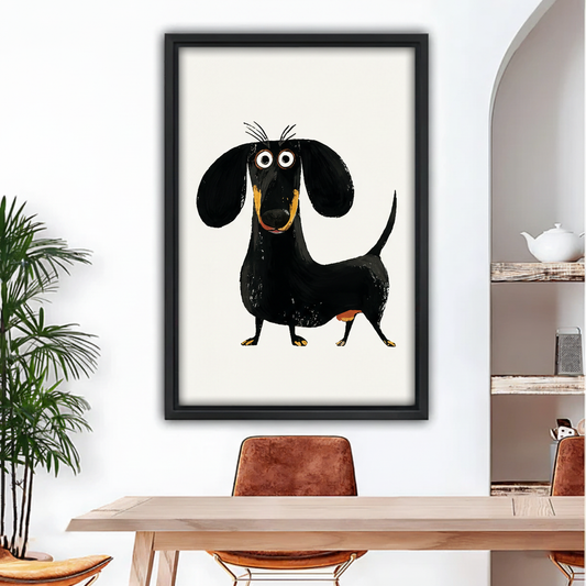 Whimsical black dachshund framed canvas print with black wood frame – funny dog wall art for home decor