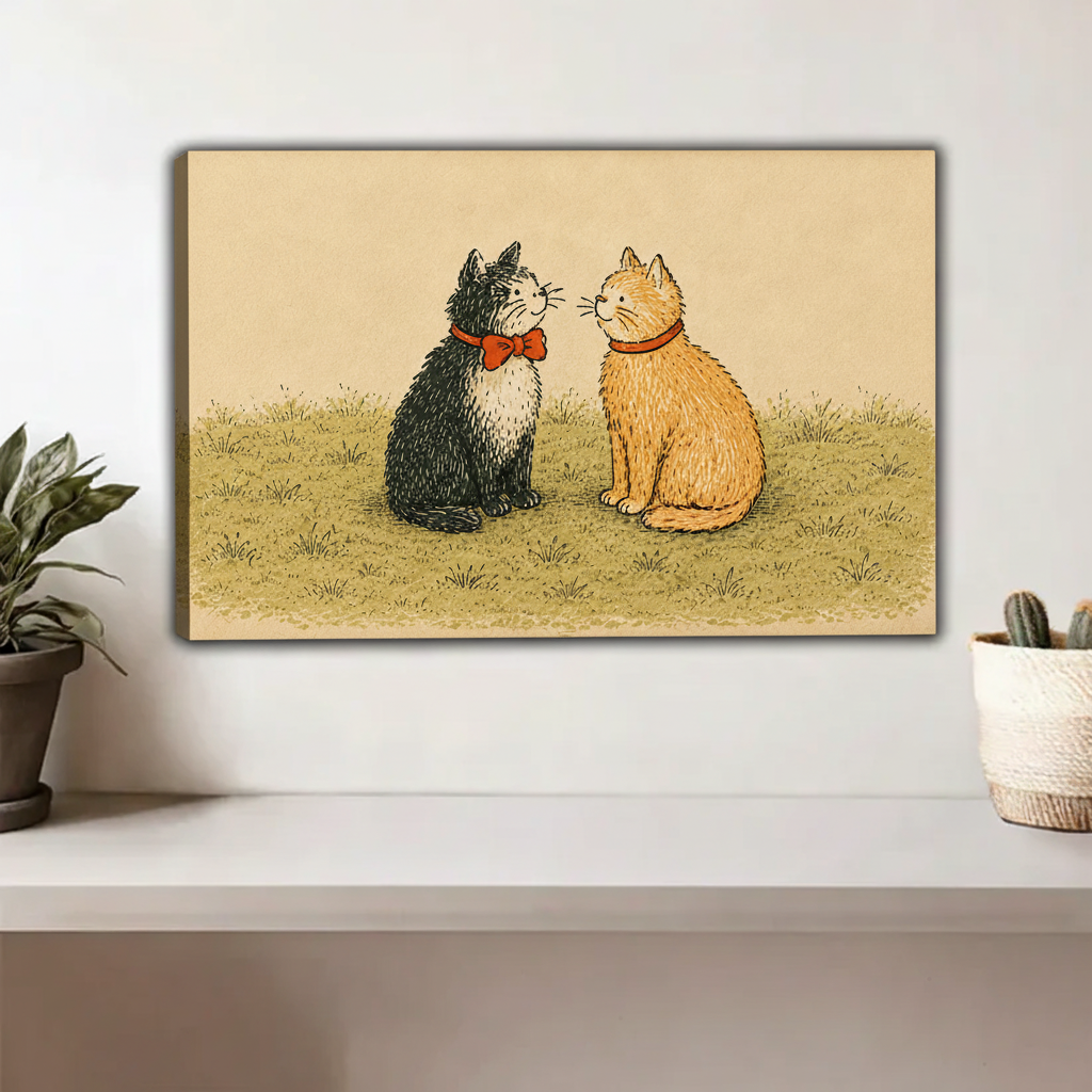 Whimsical cat couple art print in unframe, retro illustration style home wall decor