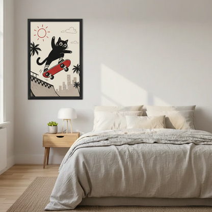 Retro black cat skateboarder canvas print displayed in bedroom — fun animal wall art