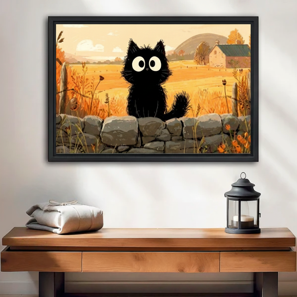Black Cat on a Stone Wall Autumn Farm Canvas Wall Art — black framed print displayed on a living room wall
