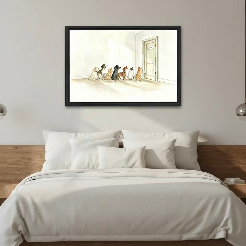 Pets waiting in line canvas art print, whimsical watercolor wall decor for any room