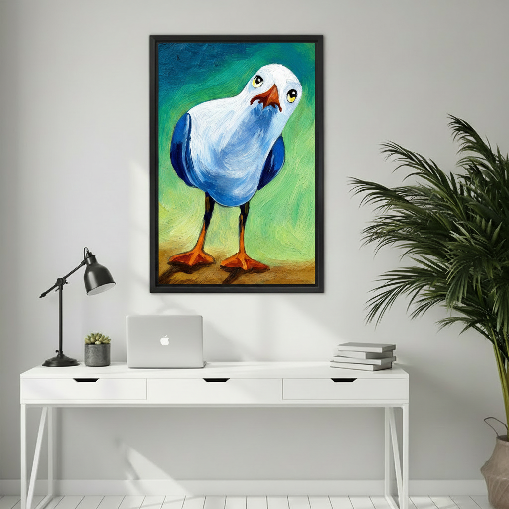 Funny seagull oil painting wall art print detail showing expressive brushstroke texture