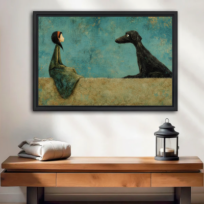 Whimsical girl and black dog framed canvas wall art, teal background, golden field