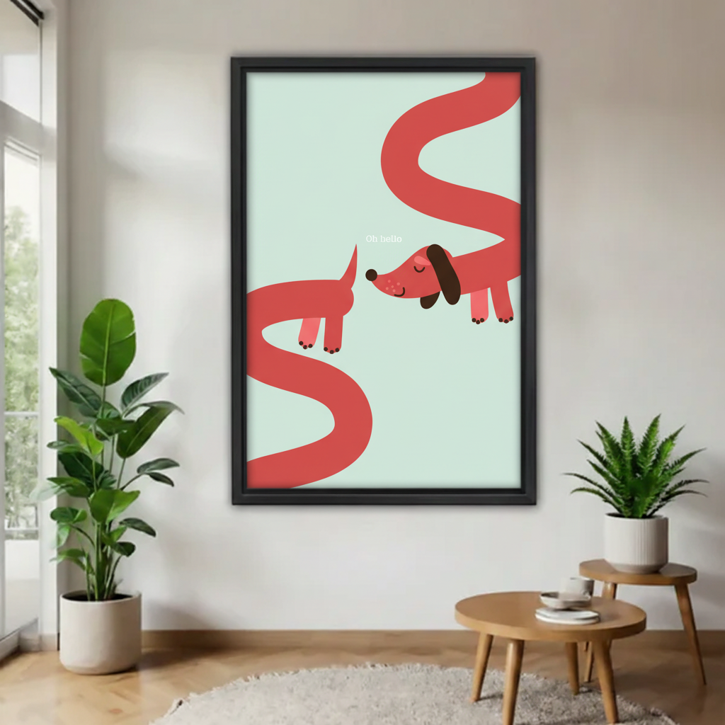 Oh Hello dachshund minimalist wall art print – two red wiener dogs facing each other, black framed canvas, modern living room decor