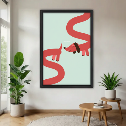 Oh Hello dachshund minimalist wall art print – two red wiener dogs facing each other, black framed canvas, modern living room decor