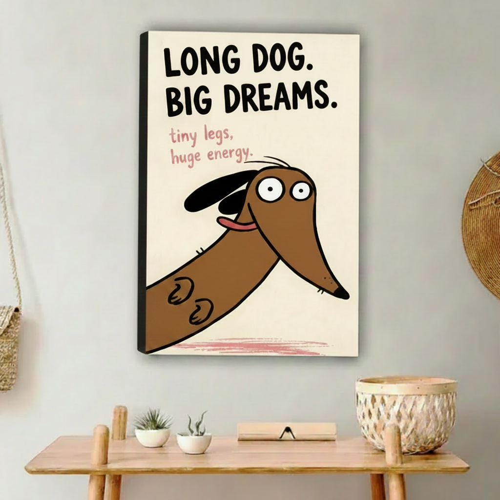 Long dog big dreams wall art — hilarious dachshund cartoon poster, bold typography, living room decor