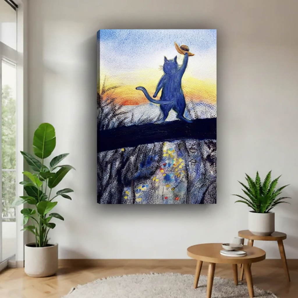 Whimsical blue cat sunset hat pastel oil painting frameless gallery wrap canvas – impressionist style, dreamy orange sky and flower field, displayed in modern white living room with leafy plants and round wood table