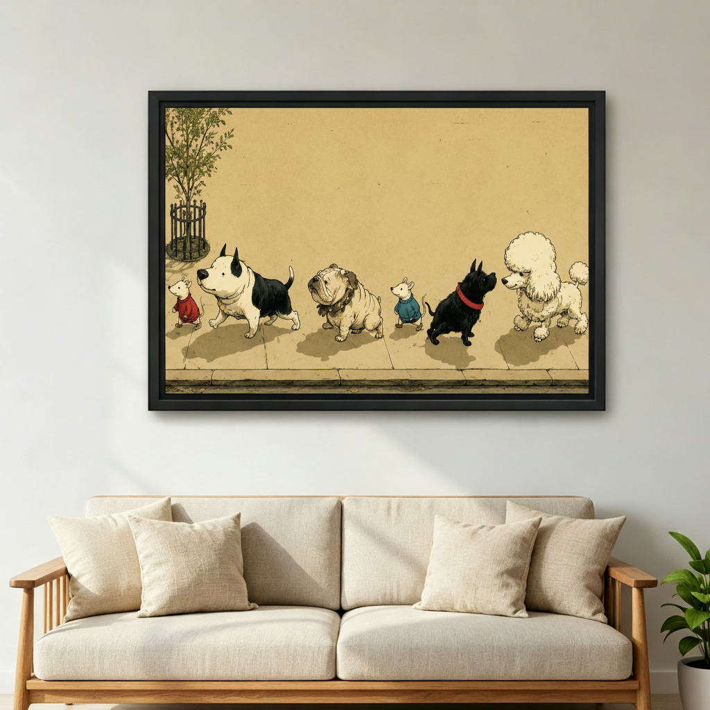 Funny vintage dogs mice street parade canvas print above bed bedroom whimsical wall art