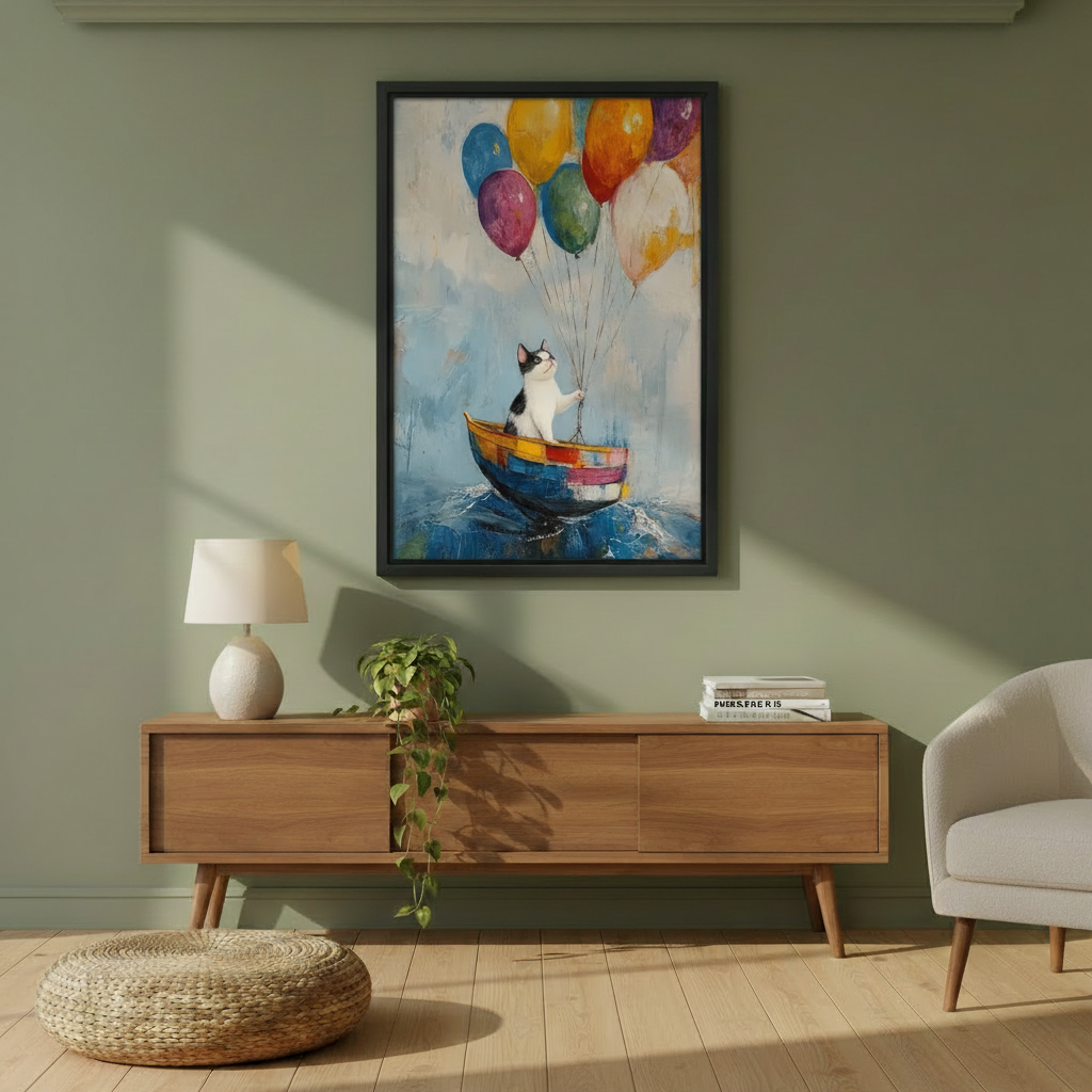 Whimsical cat balloon boat canvas wall art in black frame above wooden sideboard on sage green wall in modern living room