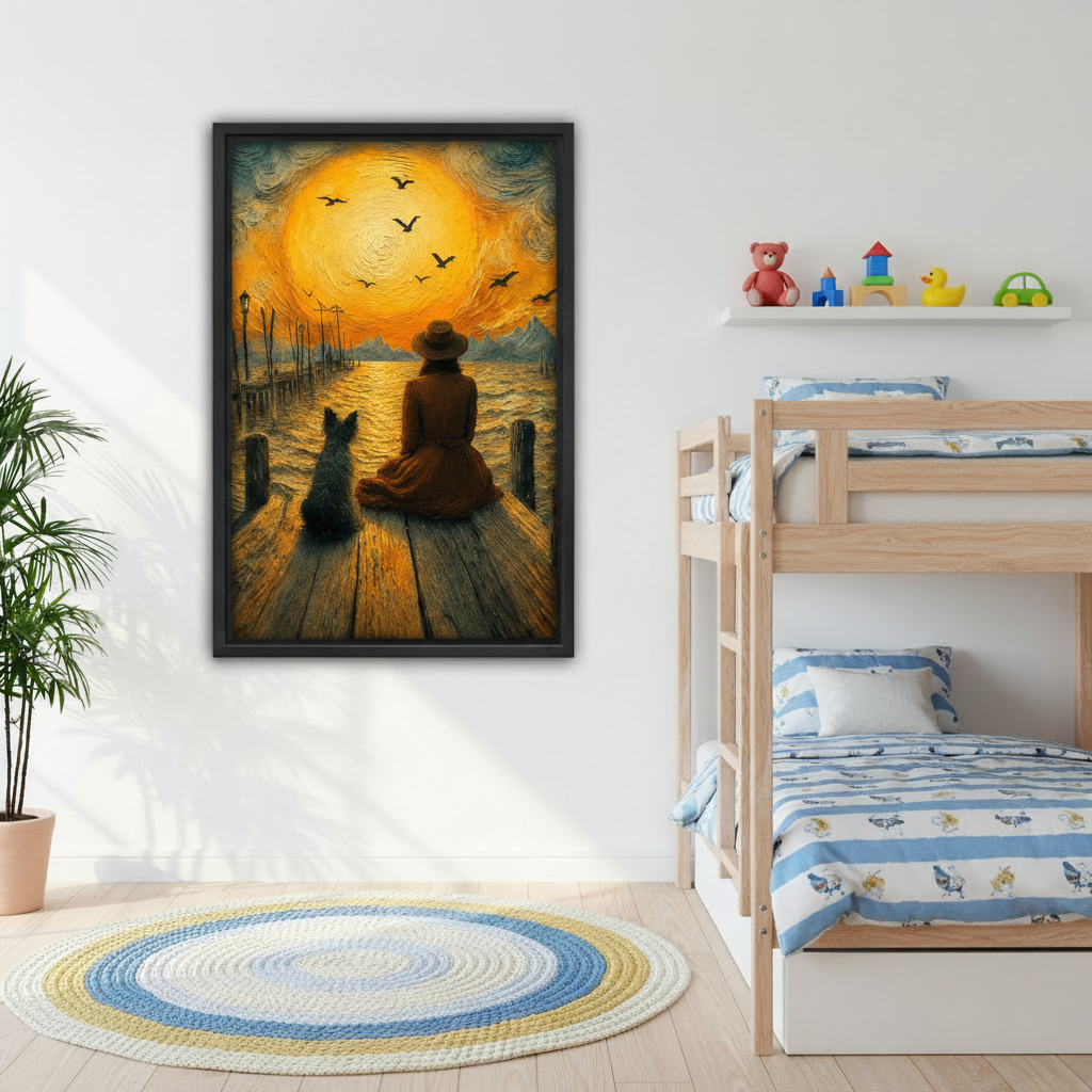 Van Gogh style woman and dog sunset wall art displayed in modern living room – golden impasto canvas print