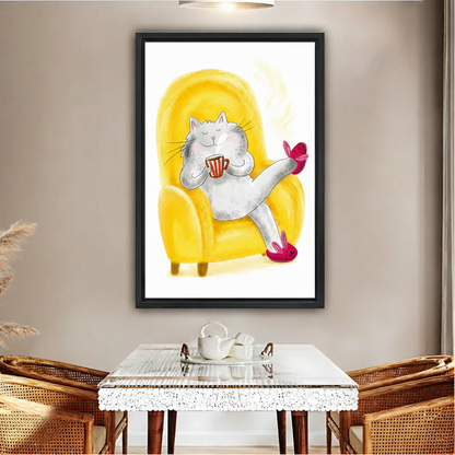 Cozy white cat sitting in yellow armchair holding coffee cup canvas wall art in black frame, dining room decor