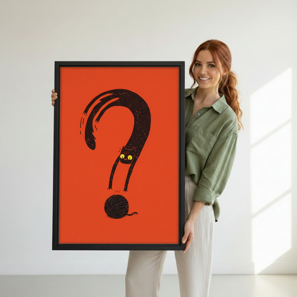 Woman holding funny black cat question mark graphic canvas print – black framed wall art, bold orange background, whimsical cat lover gift idea for modern home decor