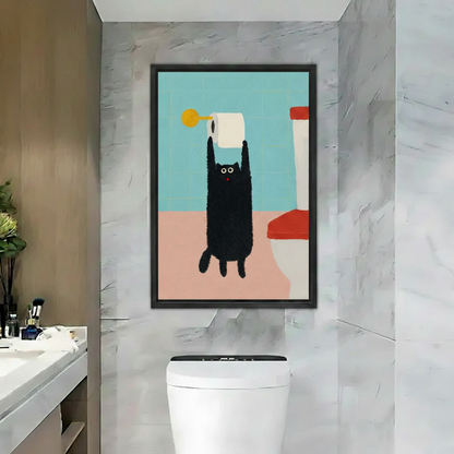 Funny black cat framed canvas wall art print for bathroom — humorous cat lover decor