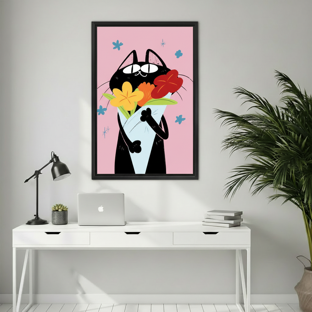 Retro black cat holding flowers pink canvas wall art above white desk, cute cat home office decor