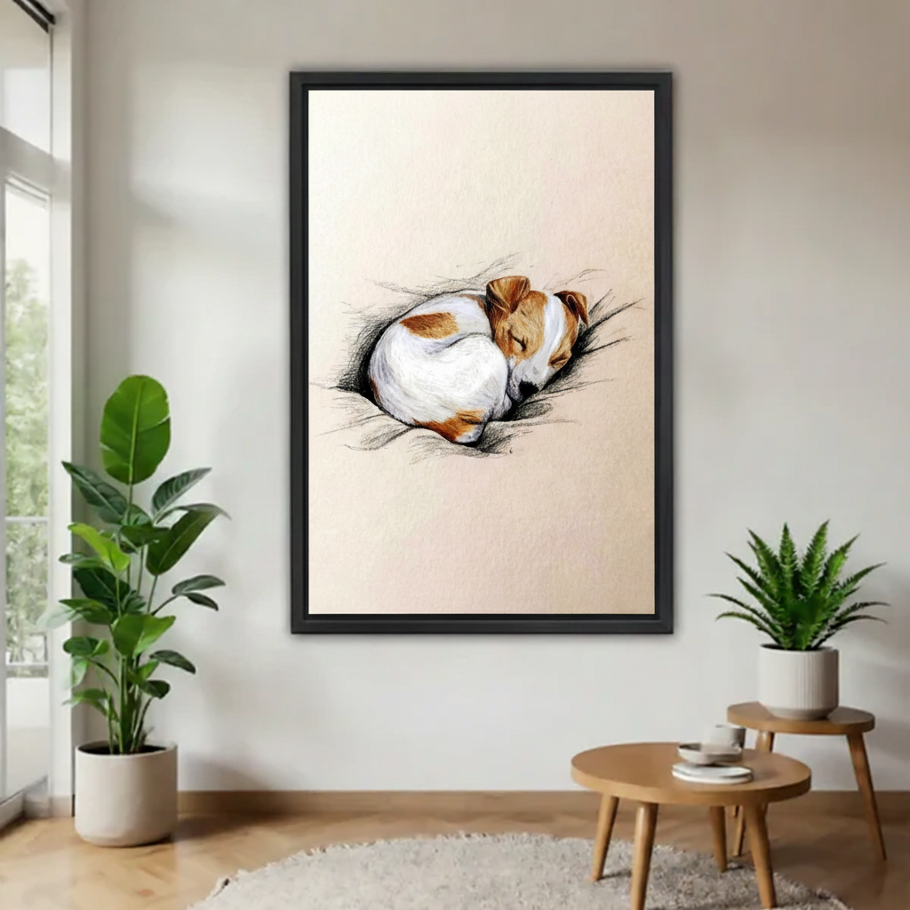 Sketched sleeping dog framed canvas wall art hanging in a bright living room — minimalist pet illustration for modern home decor