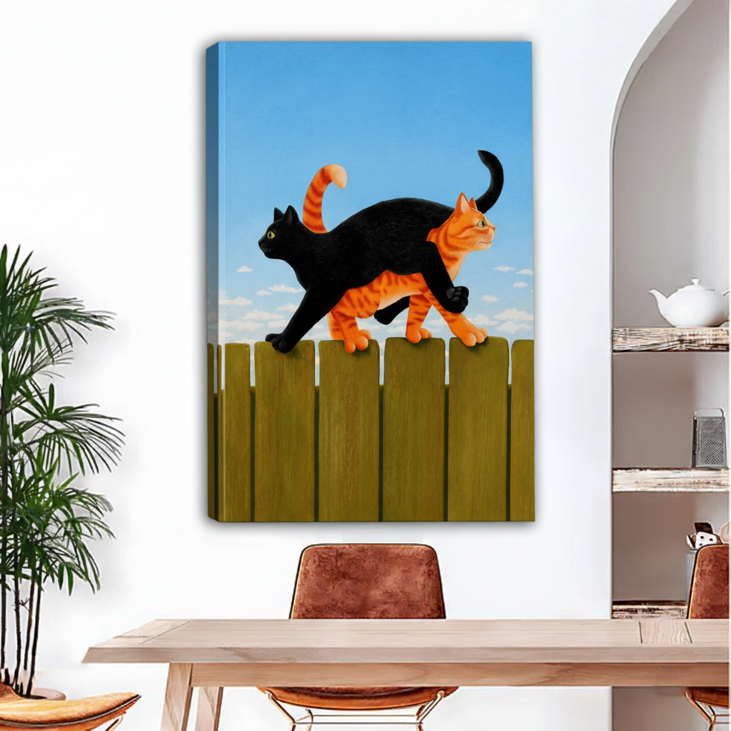Cute black and orange cats on fence gallery wrap canvas wall art no frame in dining room, playful colorful cat wall decor
