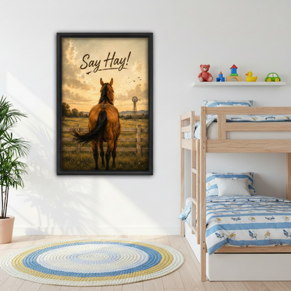 Say Hay! horse farm canvas wall art — framed print above gray sofa in a cozy living room