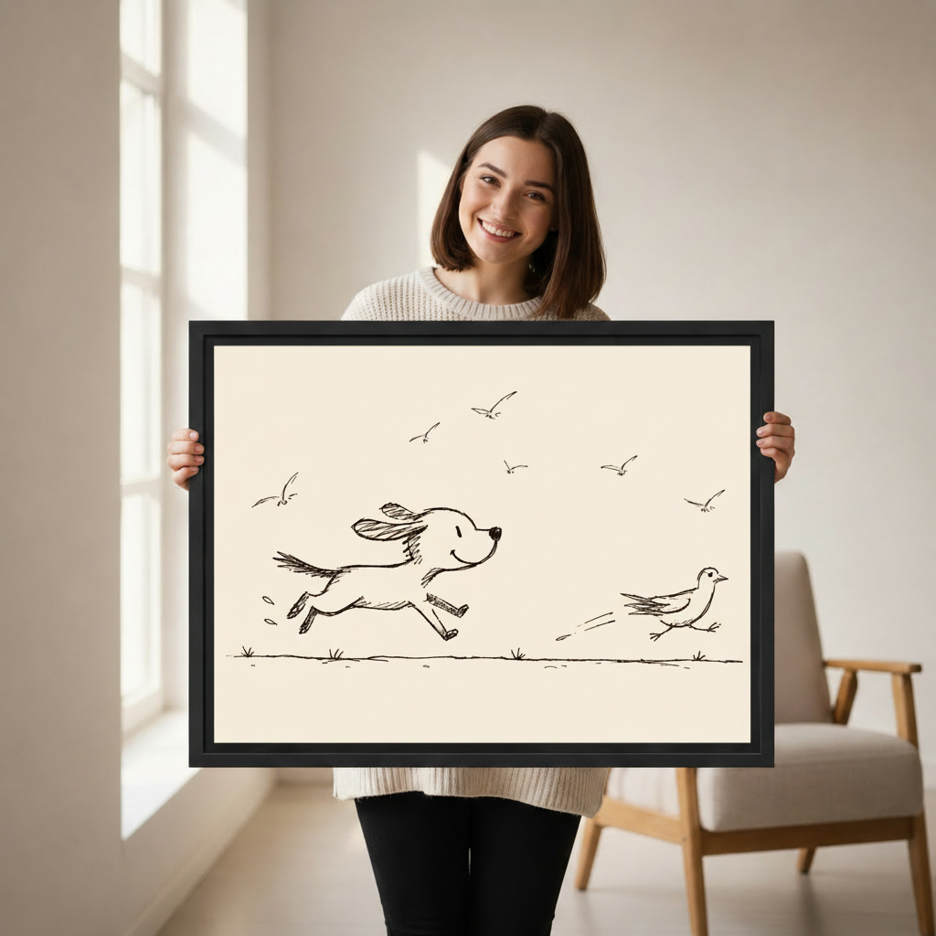 Minimalist dog and bird ink sketch canvas print, warm beige background home decor