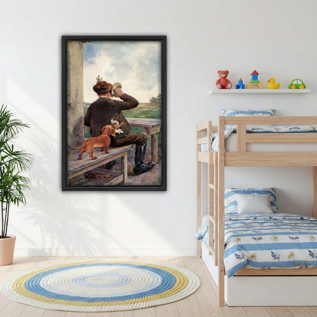 Vintage hunter and dachshund canvas print hanging in warm living room above sofa, classic oil painting wall art for rustic home decor