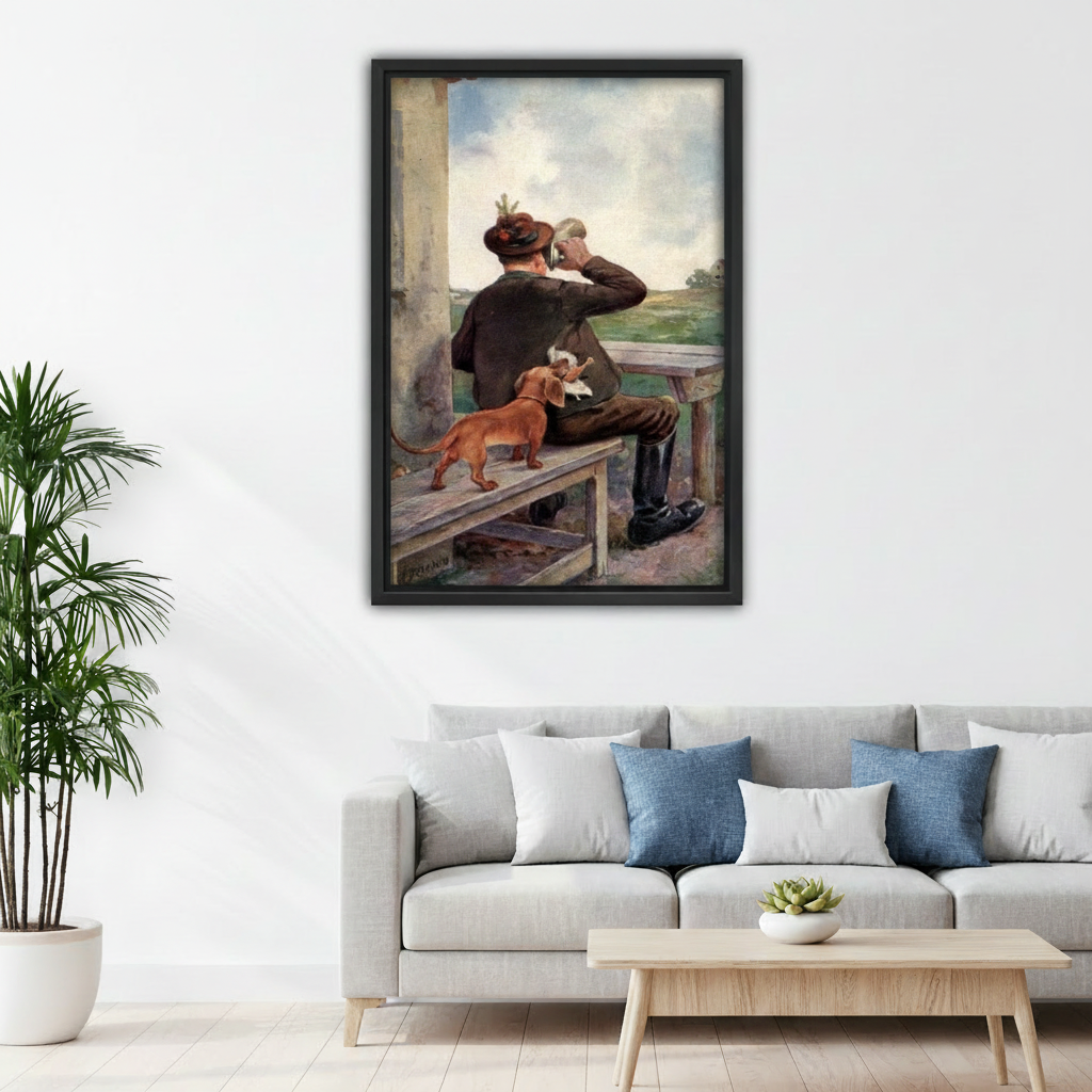 Classic dachshund hunting scene wall art print in cozy bedroom above bed, vintage oil painting canvas decor for dog lover living space