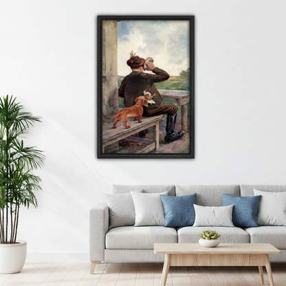 Classic dachshund hunting scene wall art print in cozy bedroom above bed, vintage oil painting canvas decor for dog lover living space