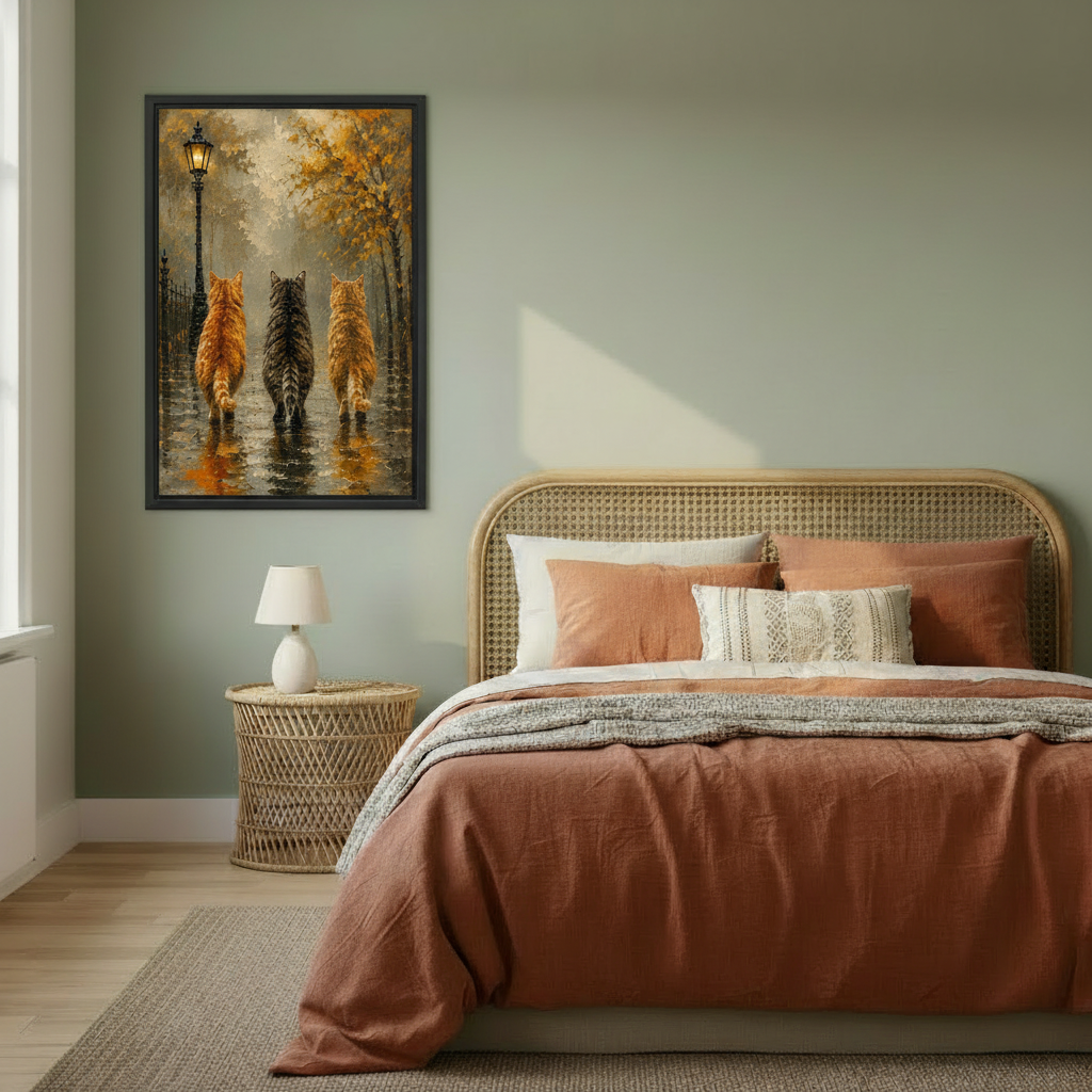Framed cat art print displayed in living room — autumn night oil painting wall decor