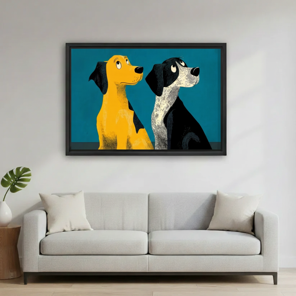 Two dogs framed canvas wall art — retro graphic dog illustration, teal background, perfect office or living room decor