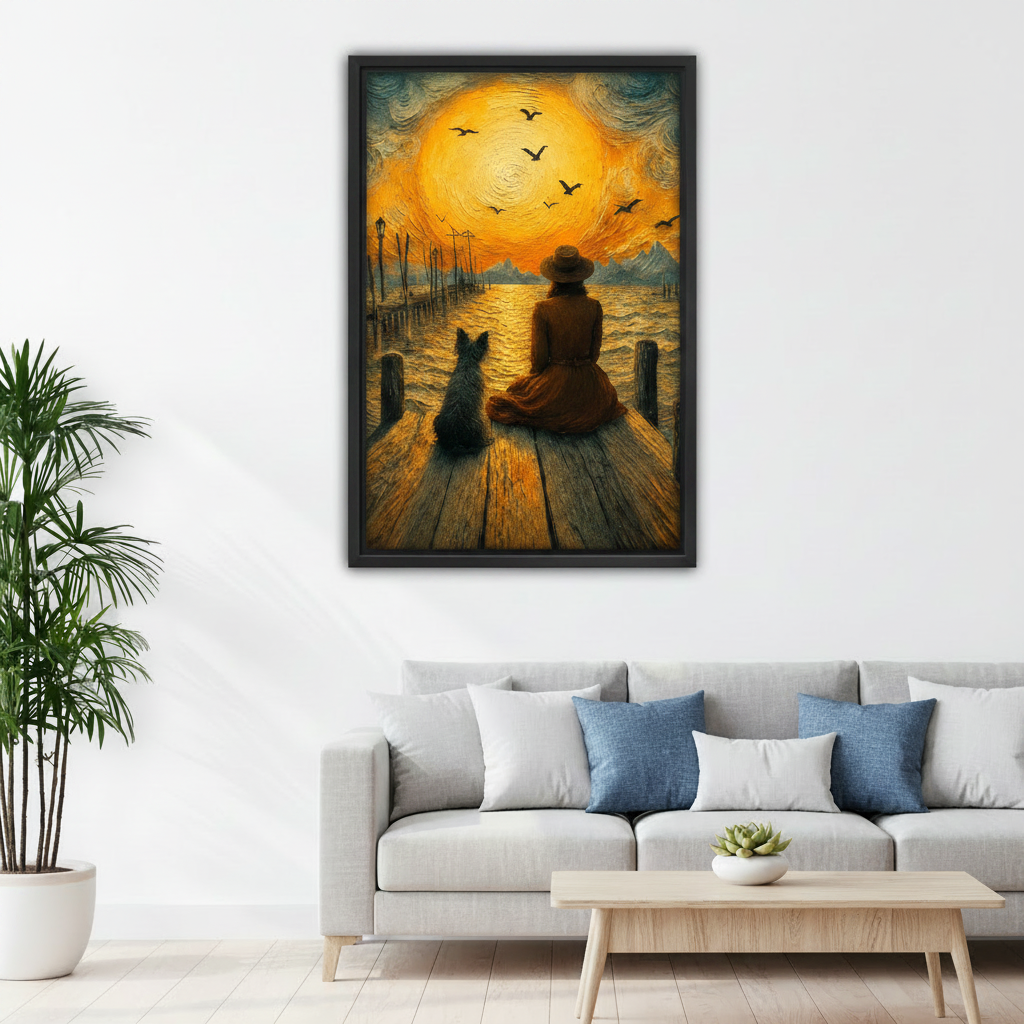 Framed sunset dock scene canvas print above bed in cozy bedroom – Van Gogh inspired woman and dog wall art