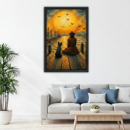 Framed sunset dock scene canvas print above bed in cozy bedroom – Van Gogh inspired woman and dog wall art