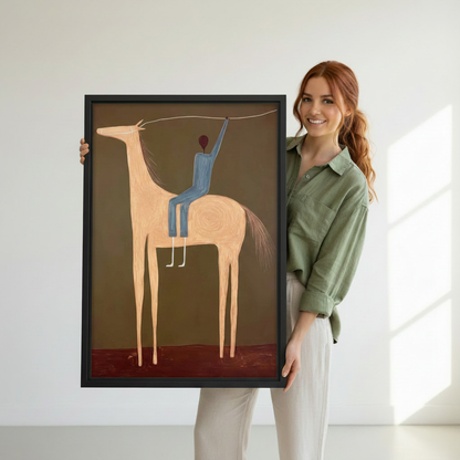 Woman holding minimalist horse rider canvas wall art — abstract equestrian oil painting print, hand-held display