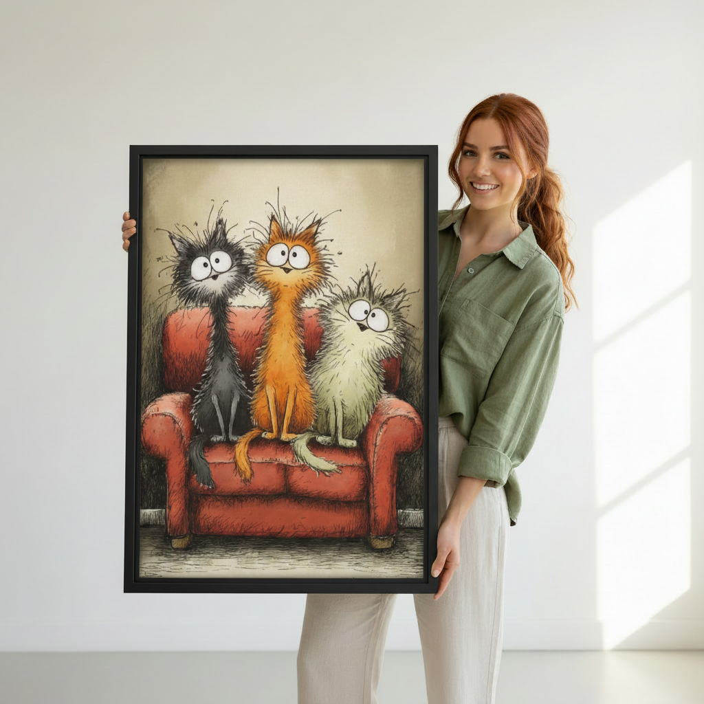 Woman holding funny three cats comic canvas print – black framed wall art, whimsical cartoon illustration, cat lover home decor gift idea