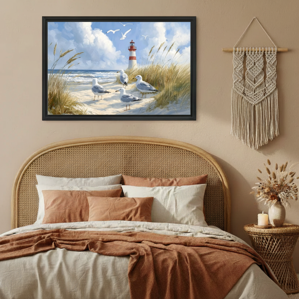 Coastal Lighthouse Seagull Canvas Wall Art - Beach Dunes Framed Print for Bedroom