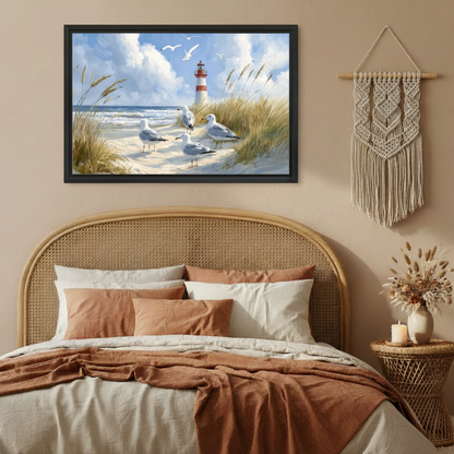 Coastal Lighthouse Seagull Canvas Wall Art - Beach Dunes Framed Print for Bedroom