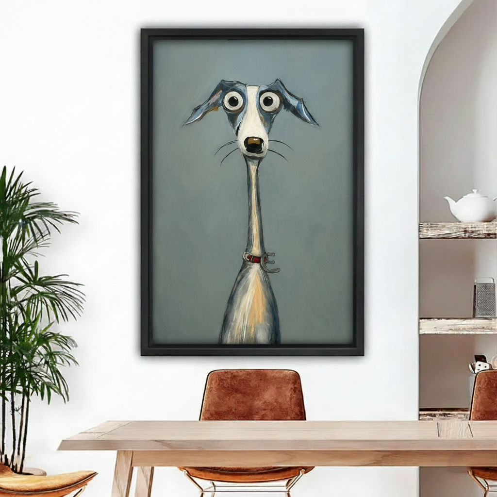 Funny whimsical greyhound dog pop art framed canvas wall art, black frame, bold wide-eyed dog with long neck and red collar on grey-blue background, displayed in a modern dining room