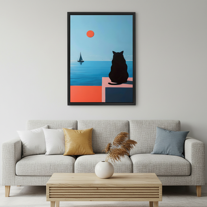 Minimalist Black Cat Ocean View Canvas Wall Art - Contemporary Cat Art Print for Living Room