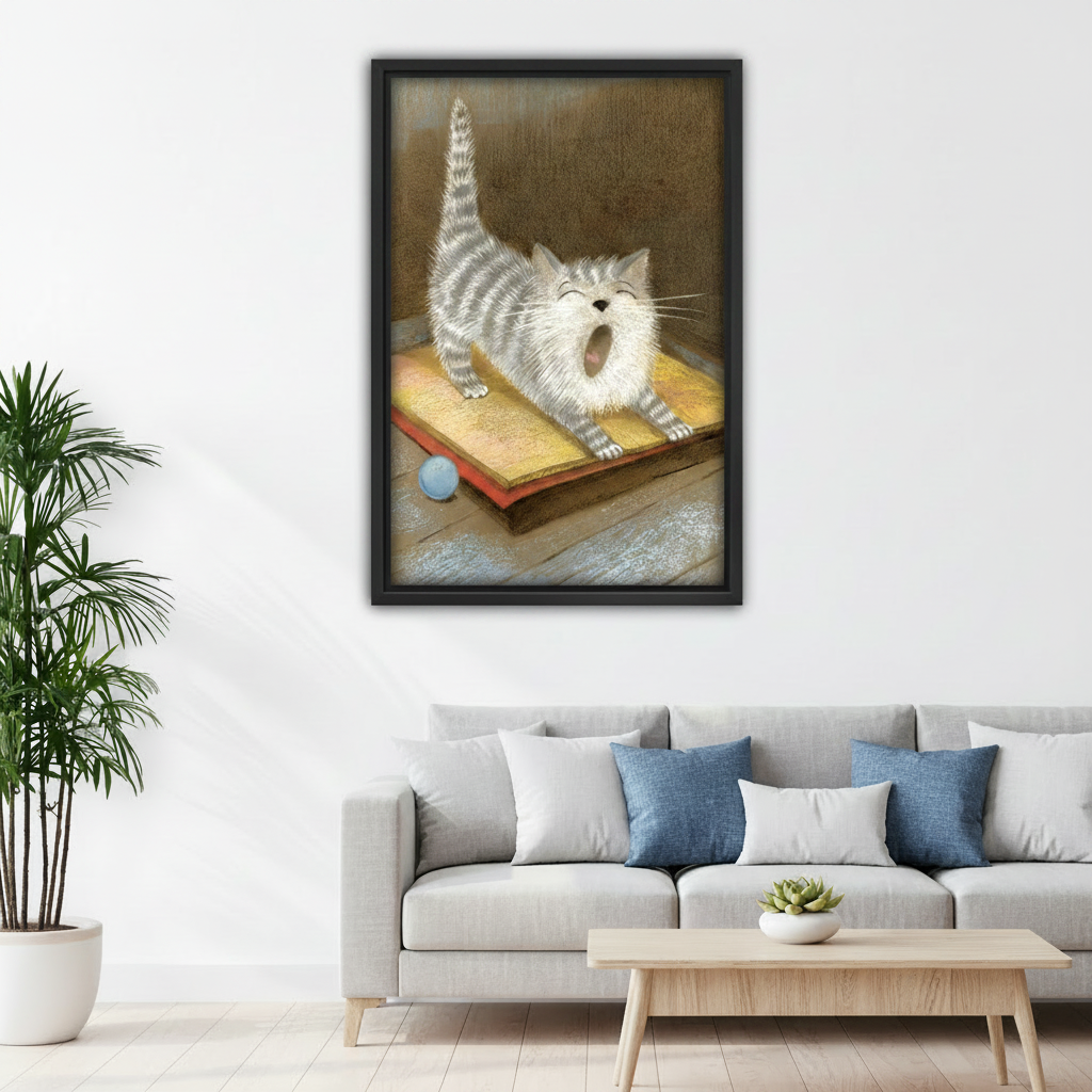 Cute yawning tabby cat framed canvas wall art in bedroom, black frame, vintage oil painting style grey striped cat with open mouth, cozy bedroom wall decor