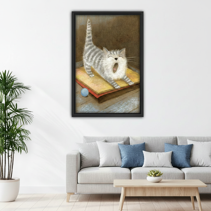 Cute yawning tabby cat framed canvas wall art in bedroom, black frame, vintage oil painting style grey striped cat with open mouth, cozy bedroom wall decor