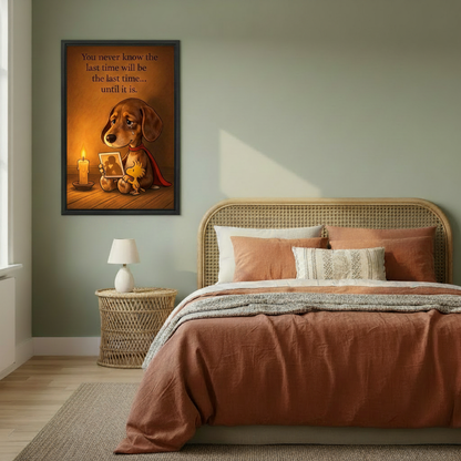 Emotional dachshund candlelight quote canvas print hanging in cozy bedroom, sentimental puppy wall art above bed
