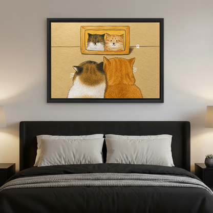 Two cats mirror wall art in black frame above wooden sideboard, living room decor