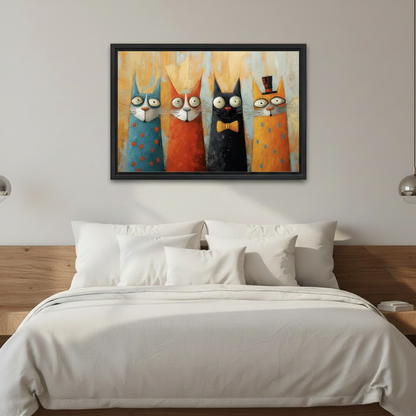 Four quirky cats framed wall art, unique cat lover gift idea
