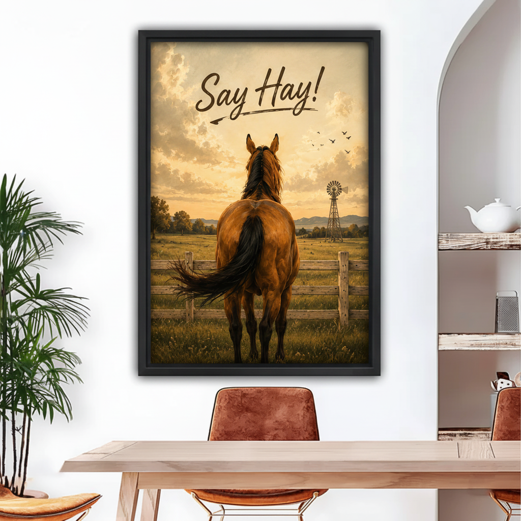 Say Hay! Horse Farm Oil Painting Canvas Wall Art — black framed print displayed in a modern dining room