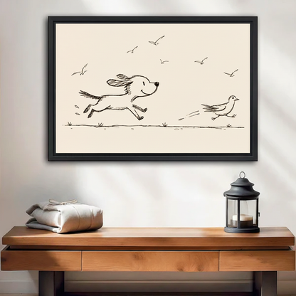 Playful dog chasing bird sketch framed canvas wall art, minimalist line drawing on beige