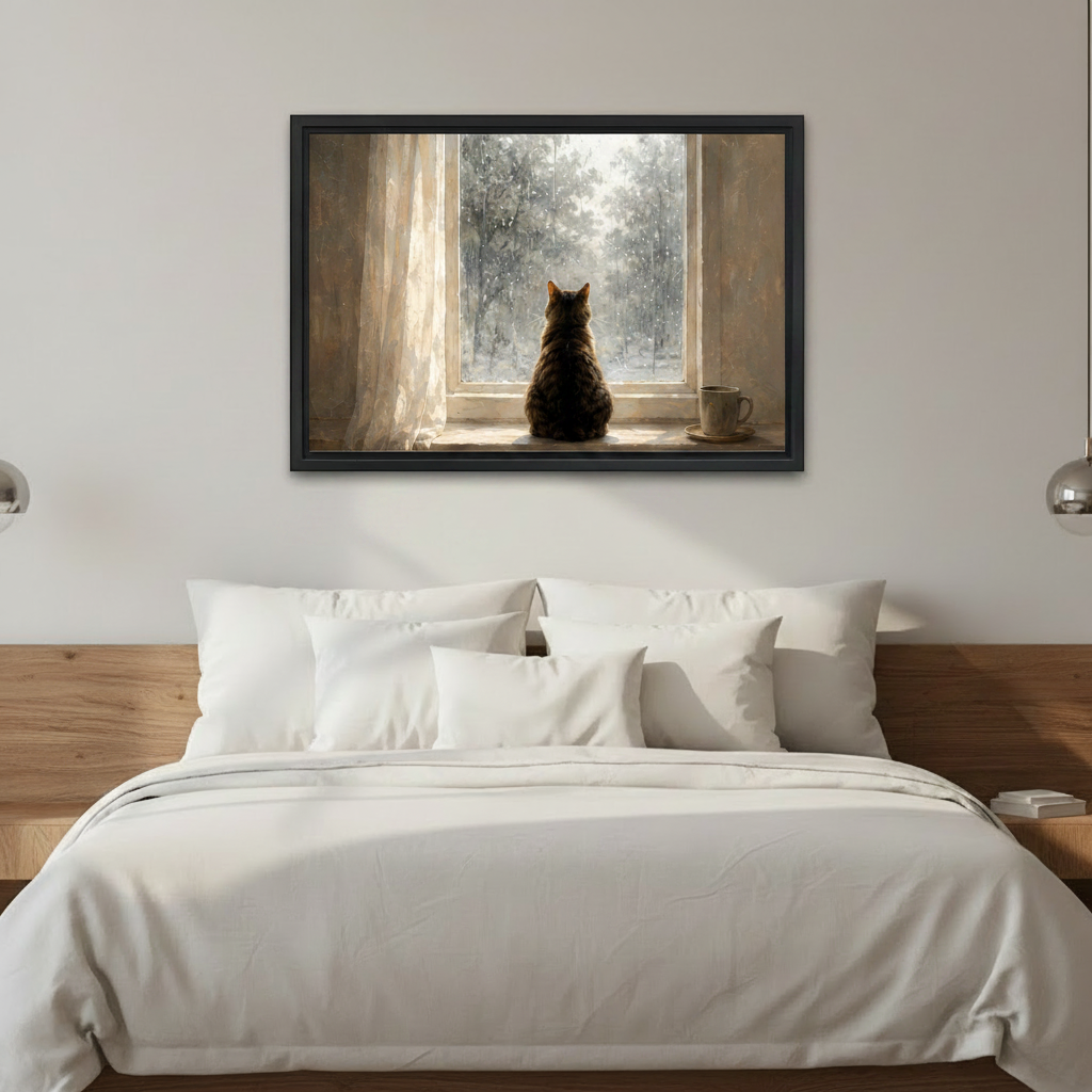 Cat snow scene framed canvas wall art print above white bedding bedroom