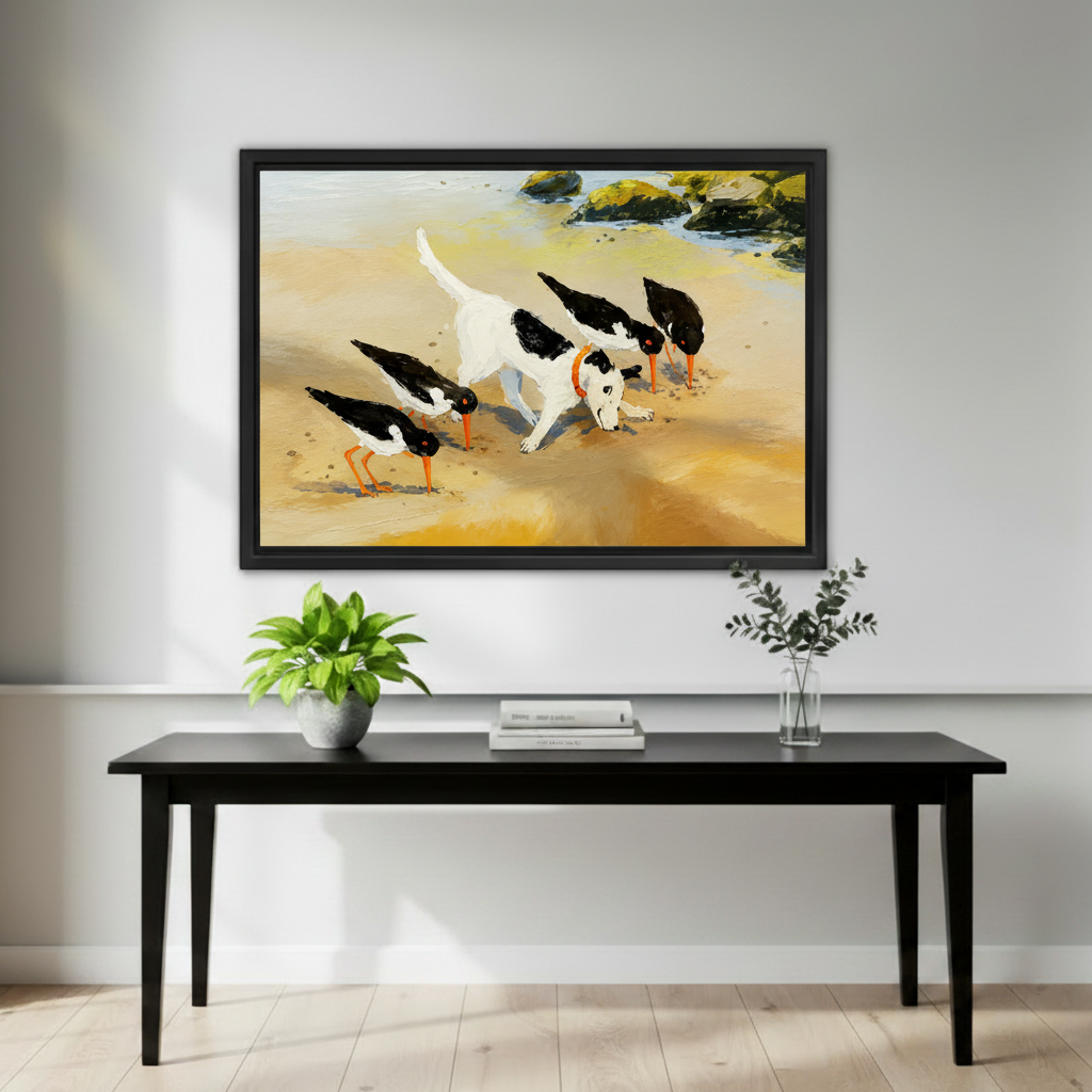 Playful dog beach framed art print on white wall, warm toned coastal decor